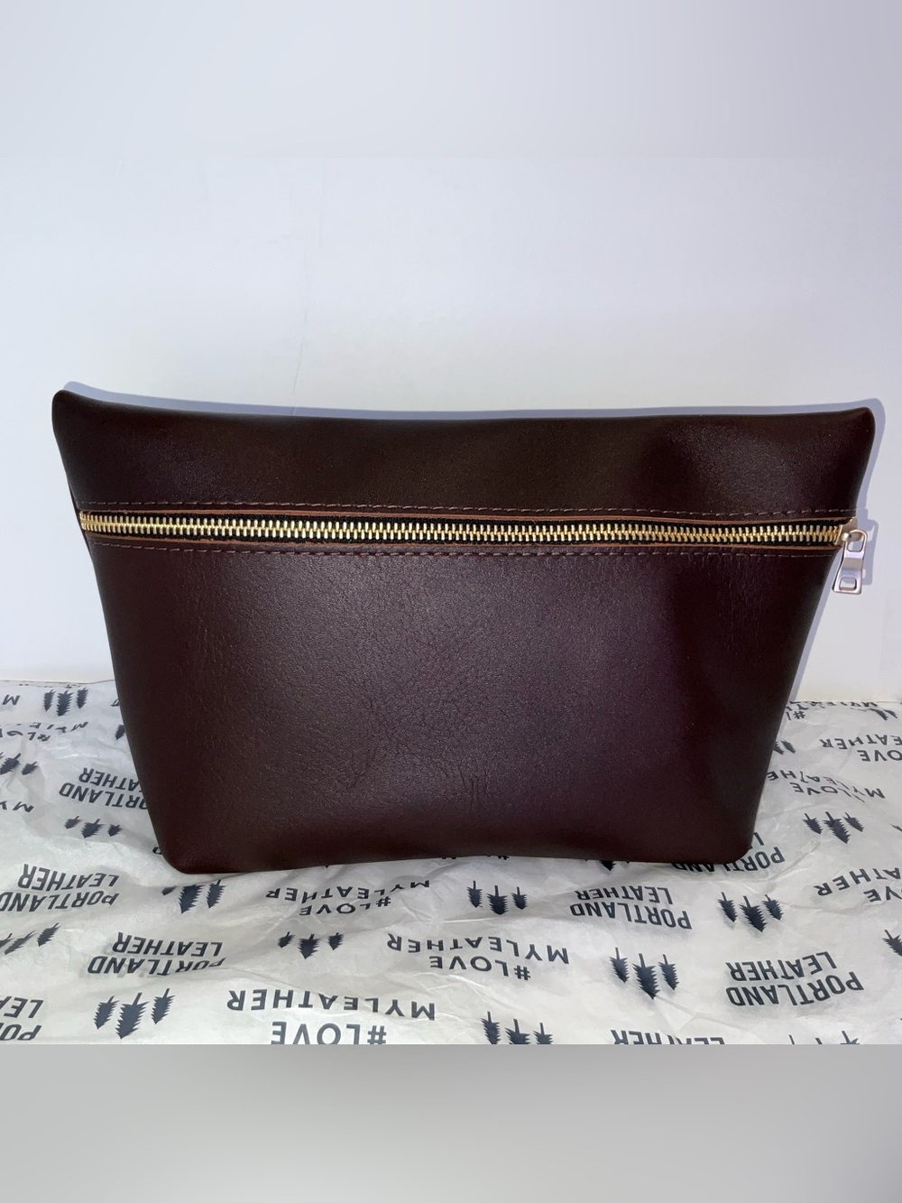 Women's Dark Brown Leather Cosmetic Pouch with Gold Zip